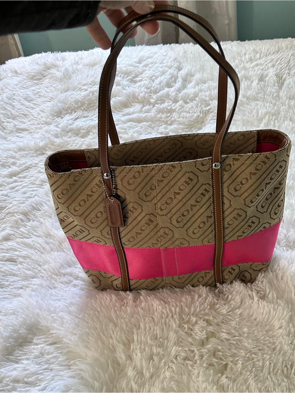 Coach Signature Canvas Tote with Pink Accent and Brown Trim